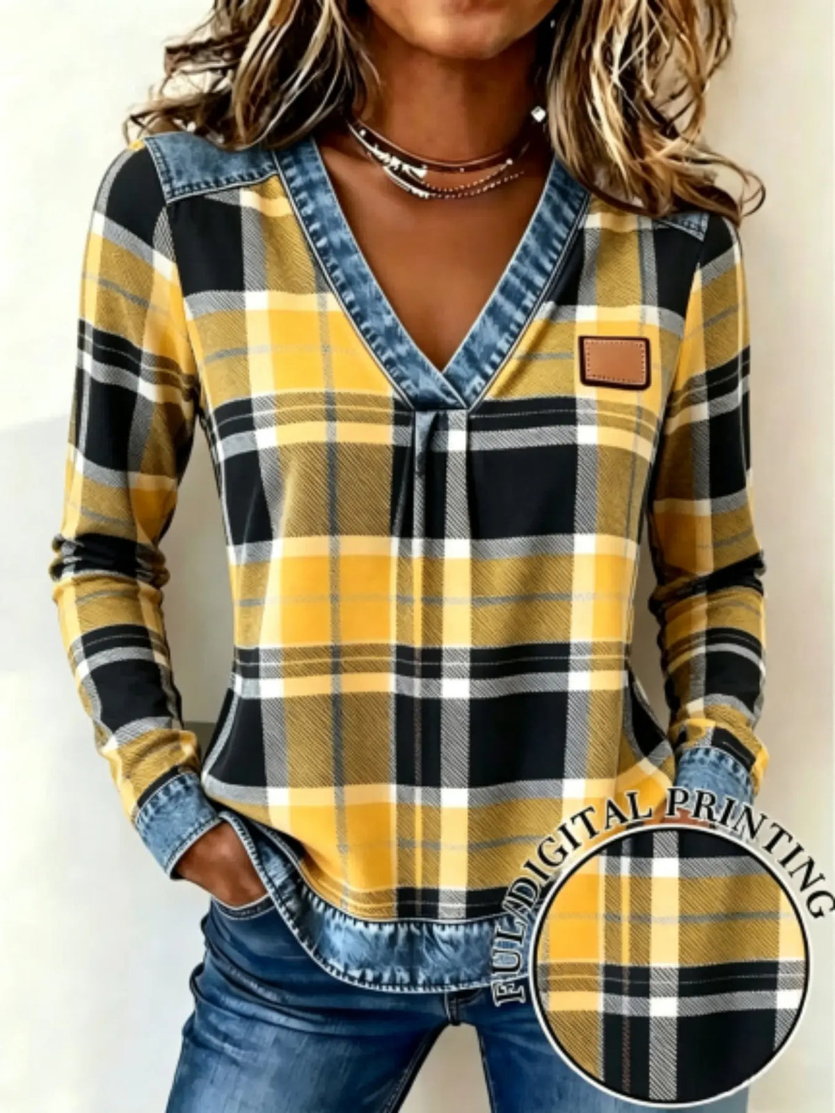 Women’s Plaid V-Neck Top – Faux Denim Trim Long Sleeve Casual Shirt