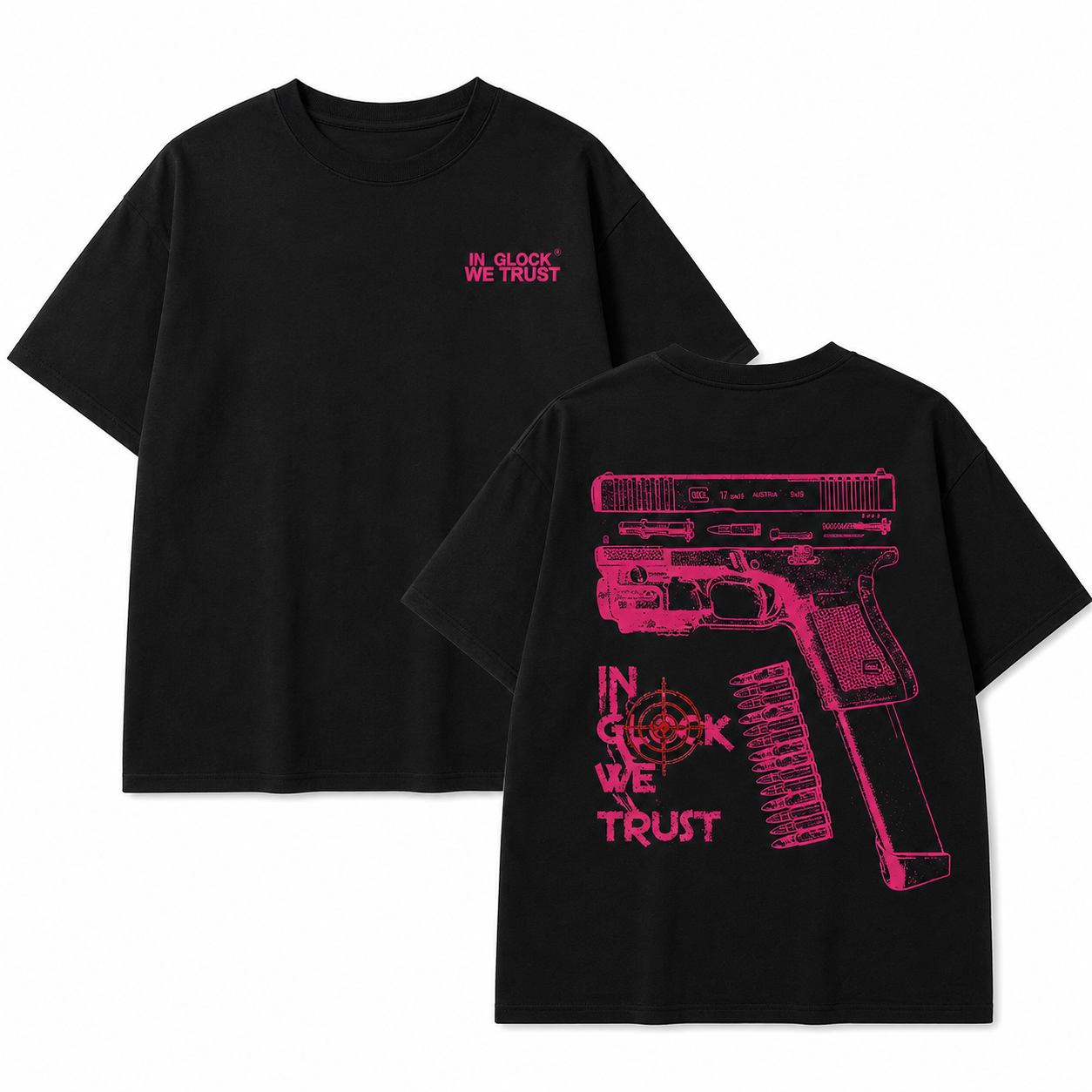 In Glock We Trust Graphic Hoodie/Sweatshirt/T-shirt – Bold Firearm Blueprint Print Pullover, Casual Streetwear Sweatshirt