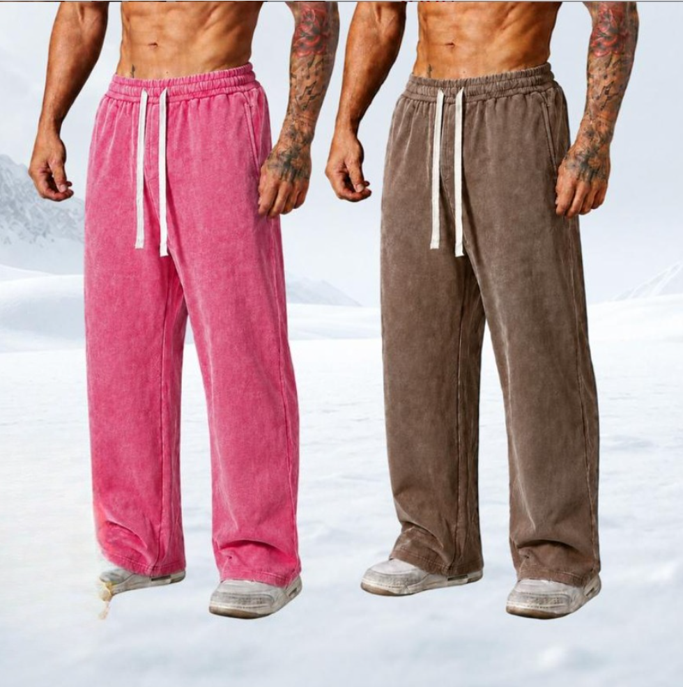 Men's Vintage Washed Baggy Heavyweight Fabric Sweatpants – Loose Straight-Leg Drawstring Pants