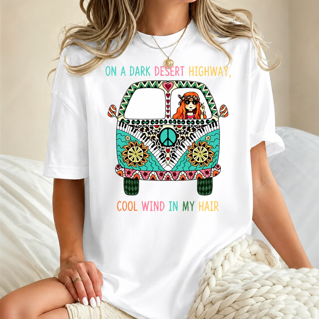 🎶Colorful Bohemian Graphic Tee/Sweatshirt/Hoodie for Plus Size Women Showcasing Hippie Bus Desert Scene and Dark Highway Quote