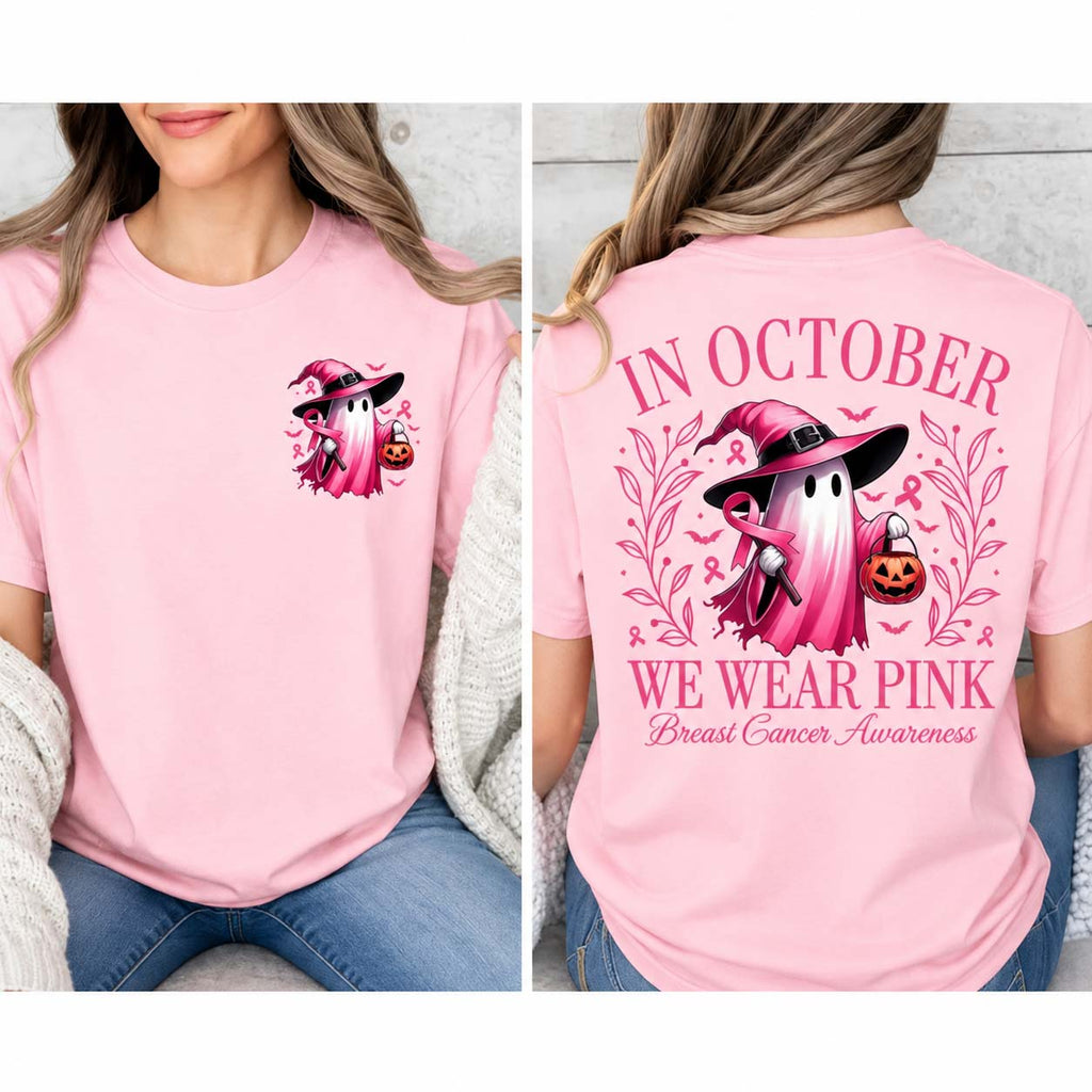 In October We Wear Pink Ghost Shirt/Sweatshirt/Hoodie – Breast Cancer Awareness Halloween Graphic Tee