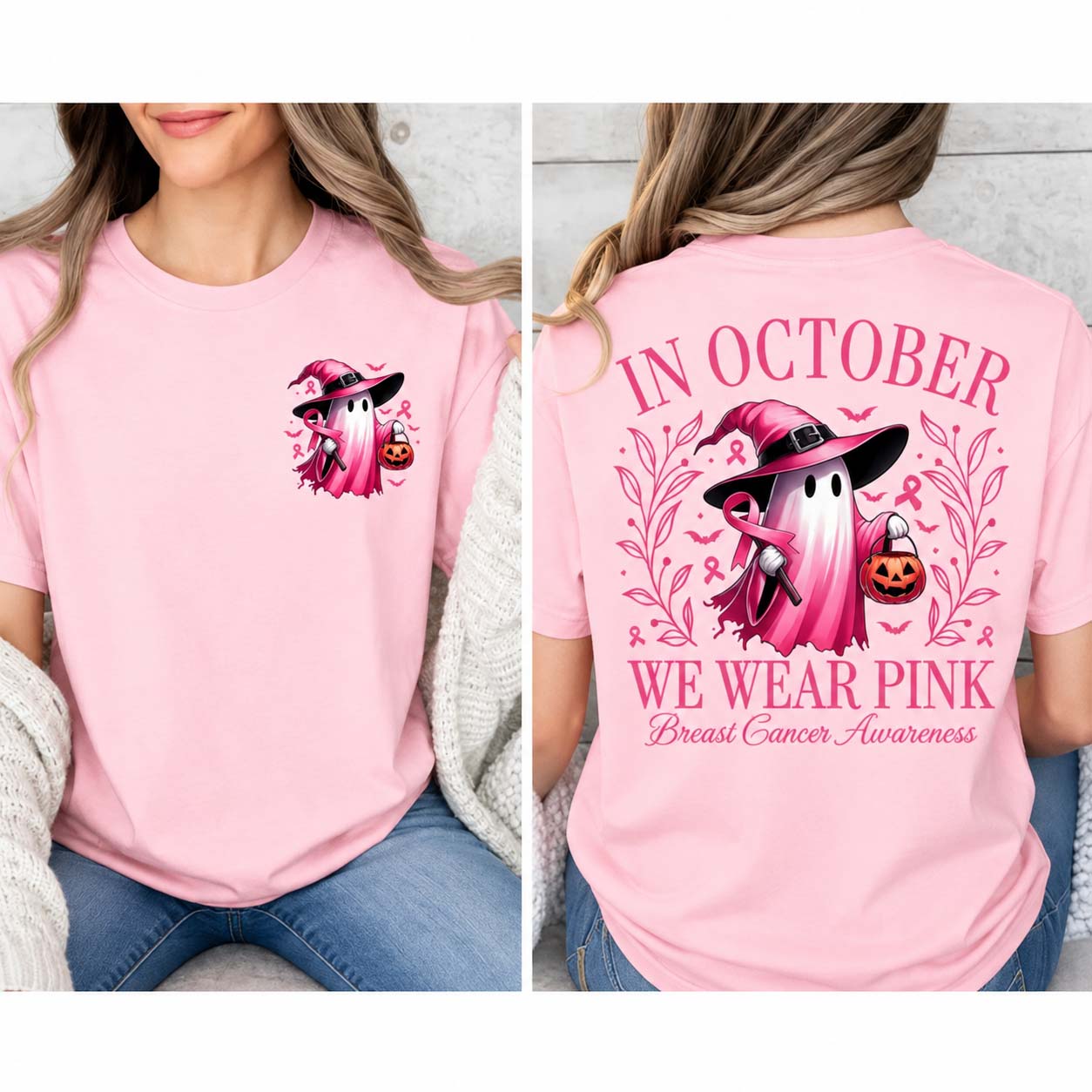 In October We Wear Pink Ghost Shirt/Sweatshirt/Hoodie – Breast Cancer Awareness Halloween Graphic Tee