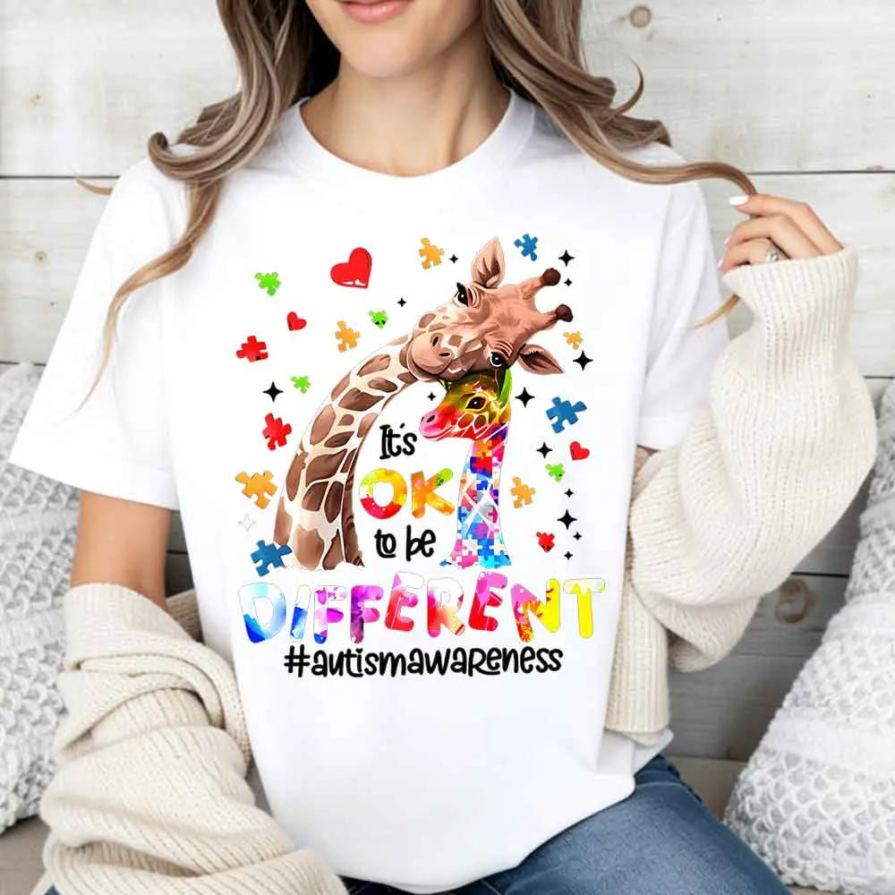“Ok To Be Different” Autism Awareness Shirt/Sweatshirt/Hoodie – Giraffe Puzzle Heart Graphic Tee for Women