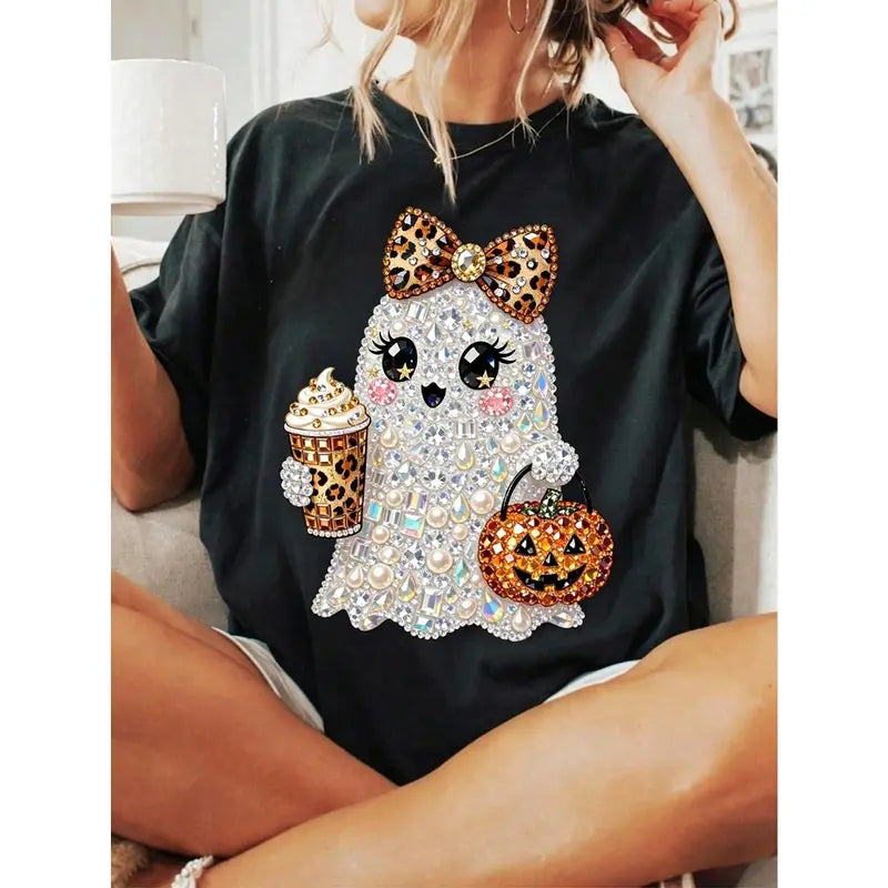 Coquette Ghost Halloween Rhinestone-Look Print T-Shirt/Sweatshirt/Hoodie – Cute Pearl Bow Pumpkin Coffee Graphic Tee