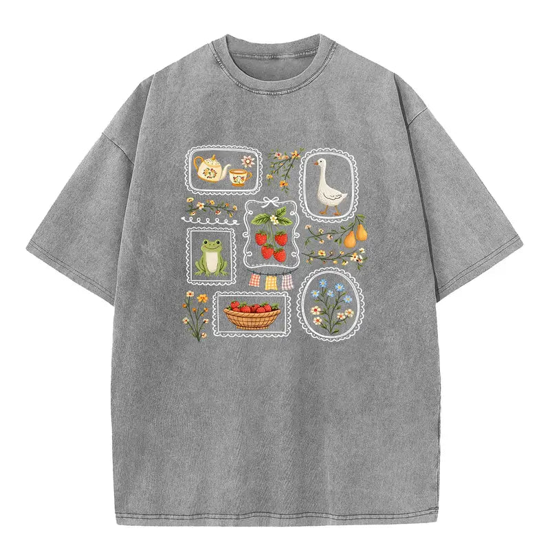 Vintage Cottagecore Goose & Strawberry Graphic T-Shirt/Sweatshirt/Hoodie - Acid Wash Folk Art Nature