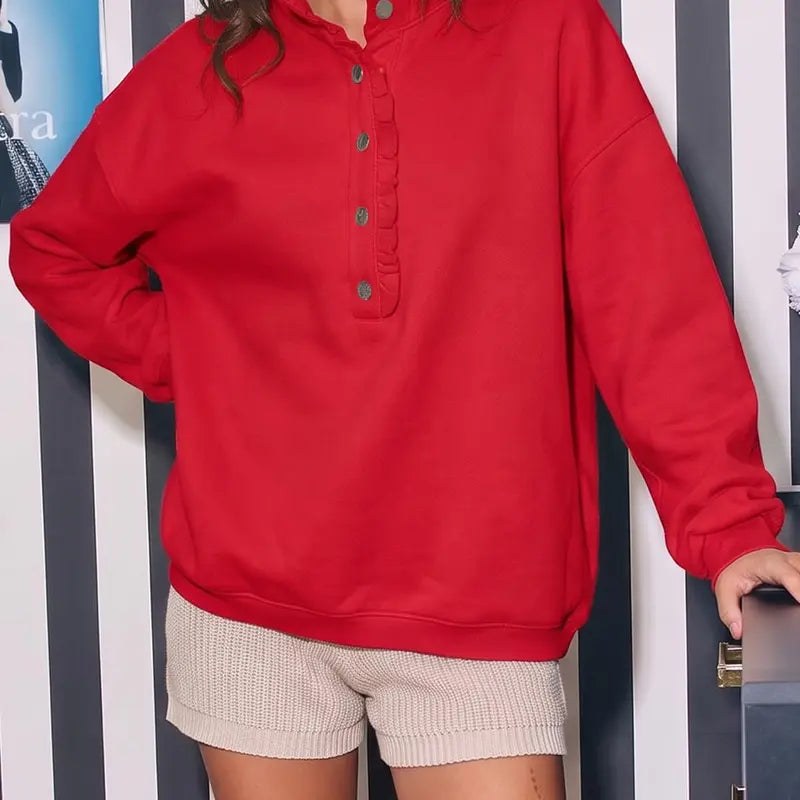 Women's Ruffle Mock Neck Sweatshirt – Oversized Snap Button Casual Pullover