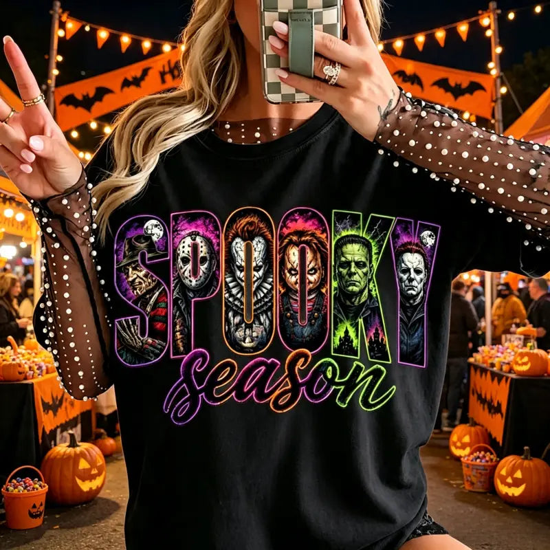 🤡Spooky Season Horror Graphic T-Shirt/Sweatshirt/Hoodie – Retro Scary Movie Neon Halloween Retro Tee