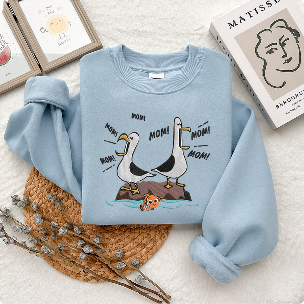 Embroidery Mom Mom Mom Nemo Seagull，Finding Nemo Goose Embroidery, Duck Mama Design– Cute Mama Graphic Sweatshirt/Hoodie