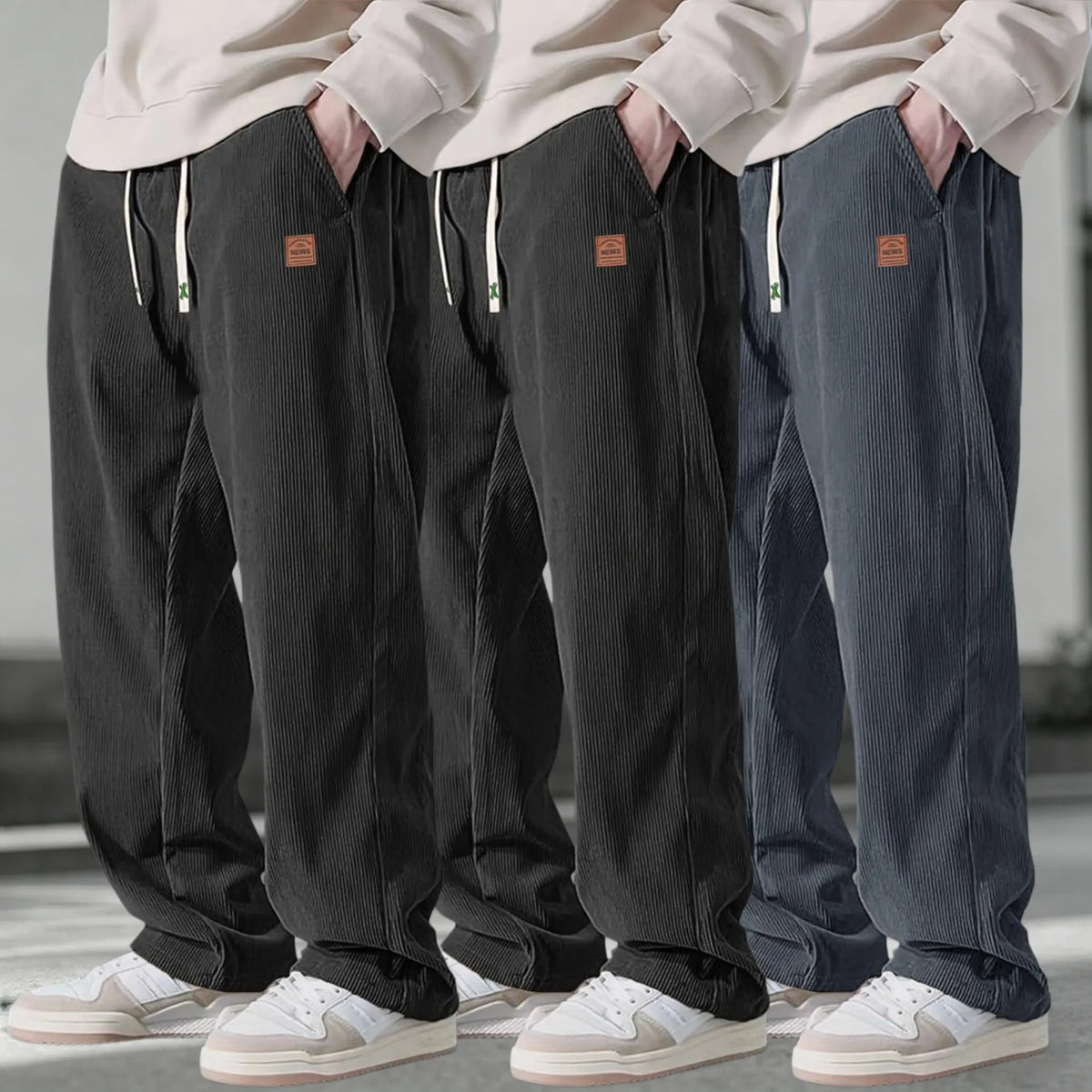 Men’s 3-Pack Corduroy Pants – Loose Fit Drawstring Casual Straight Leg Trousers