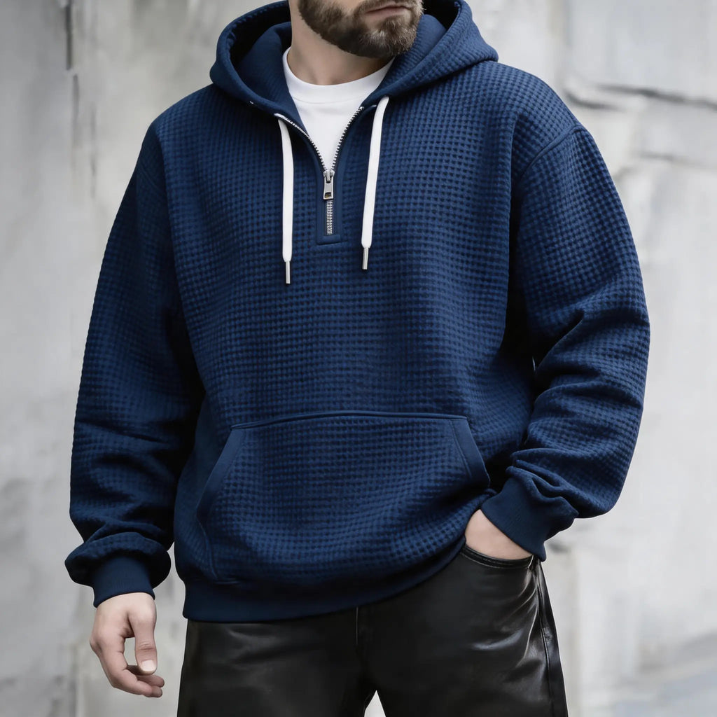 Men’s Waffle Knit Half Zip Hoodie – Textured Pullover Sweatshirt with Kangaroo Pocket