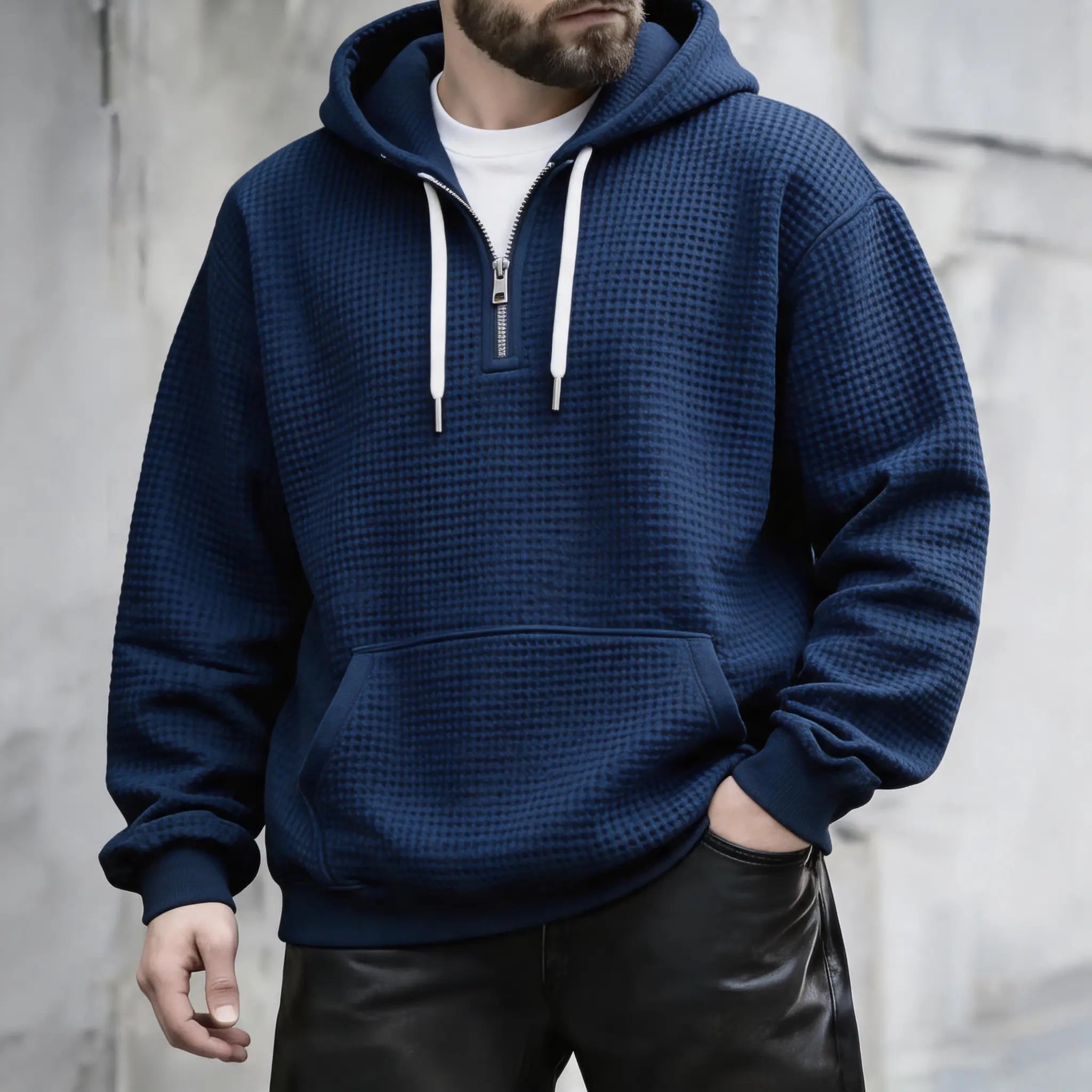 Men’s Waffle Knit Half Zip Hoodie – Textured Pullover Sweatshirt with Kangaroo Pocket
