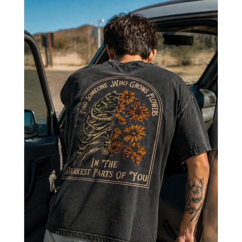 Skeleton Sunflower Graphic T-Shirt/Sweatshirt/Hoodie – Vintage Gothic Floral Front & Back Tee