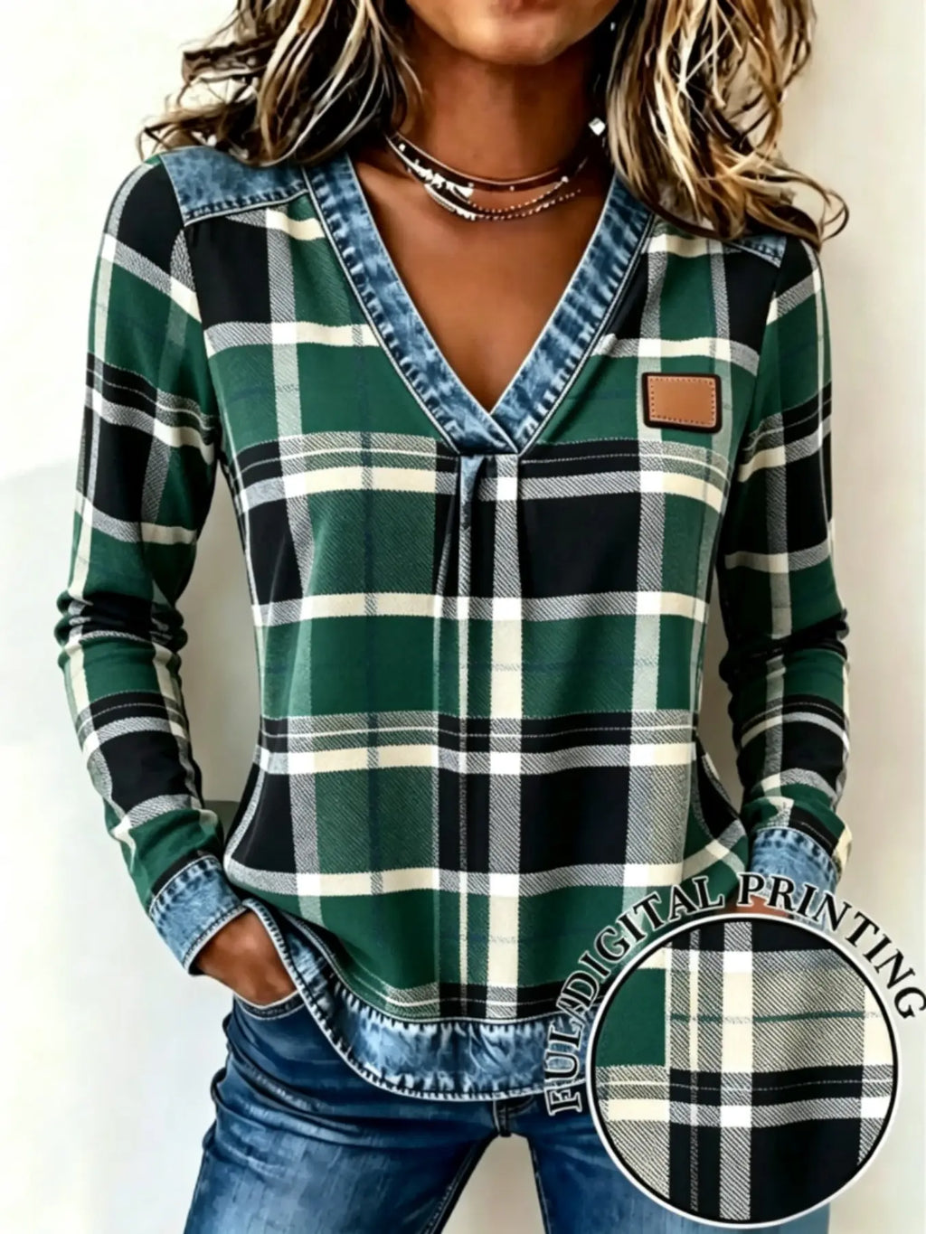 Women’s Plaid V-Neck Top – Faux Denim Trim Long Sleeve Casual Shirt