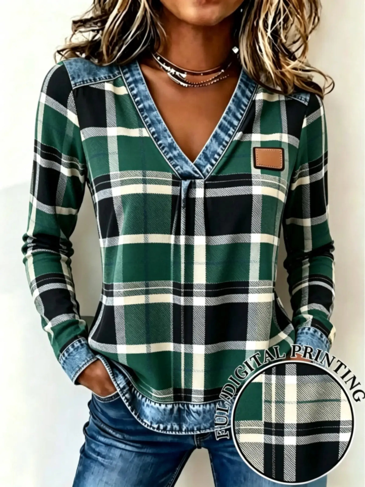 Women’s Plaid V-Neck Top – Faux Denim Trim Long Sleeve Casual Shirt