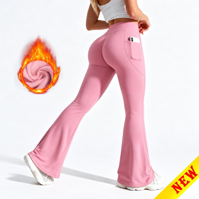 Women's Fleece-Lined Flare Leggings – High-Waisted Warm Pants with Pockets