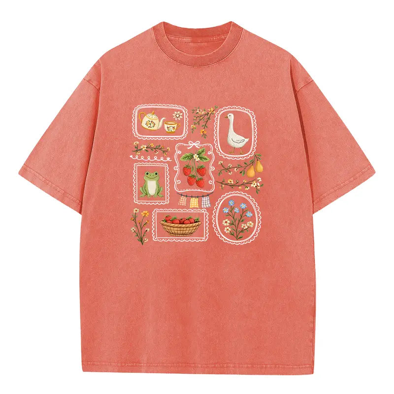 Vintage Cottagecore Goose & Strawberry Graphic T-Shirt/Sweatshirt/Hoodie - Acid Wash Folk Art Nature