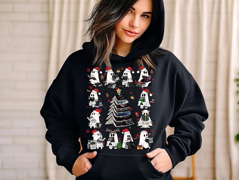 Christmas Book Ghosts T-Shirt, Ghost Reading Dark Romance Book Sweatshirt, Book Lover Xmas Gift, Spicy Book Hoodie, Smut Reader Tee