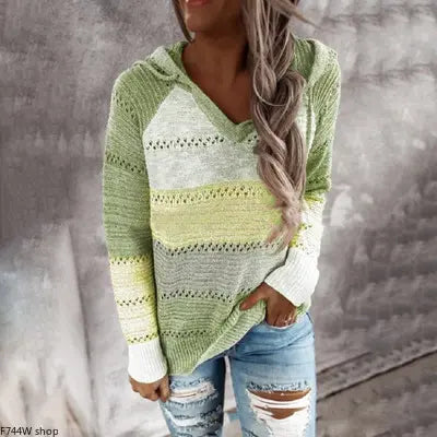 Women’s Color Block Knit Hoodie – Casual Openwork Pullover Sweater