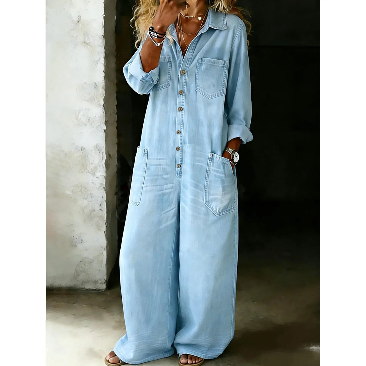 Women’s Oversized Denim Jumpsuit – Button Front Wide Leg Coveralls with Pockets