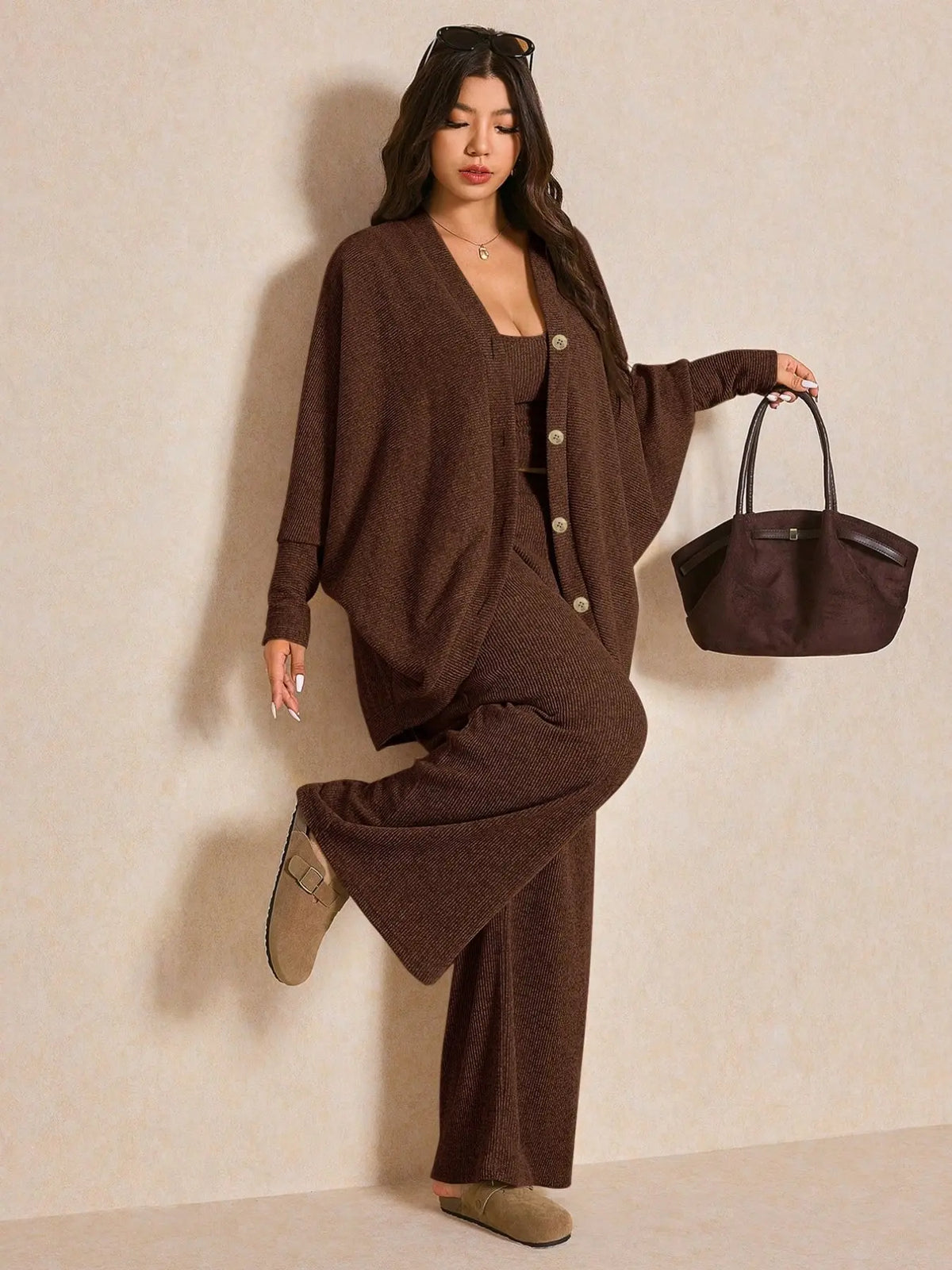 Women's Cozy 3-Piece Knit Lounge Set – Cardigan, Tank Top & Wide-Leg Pants