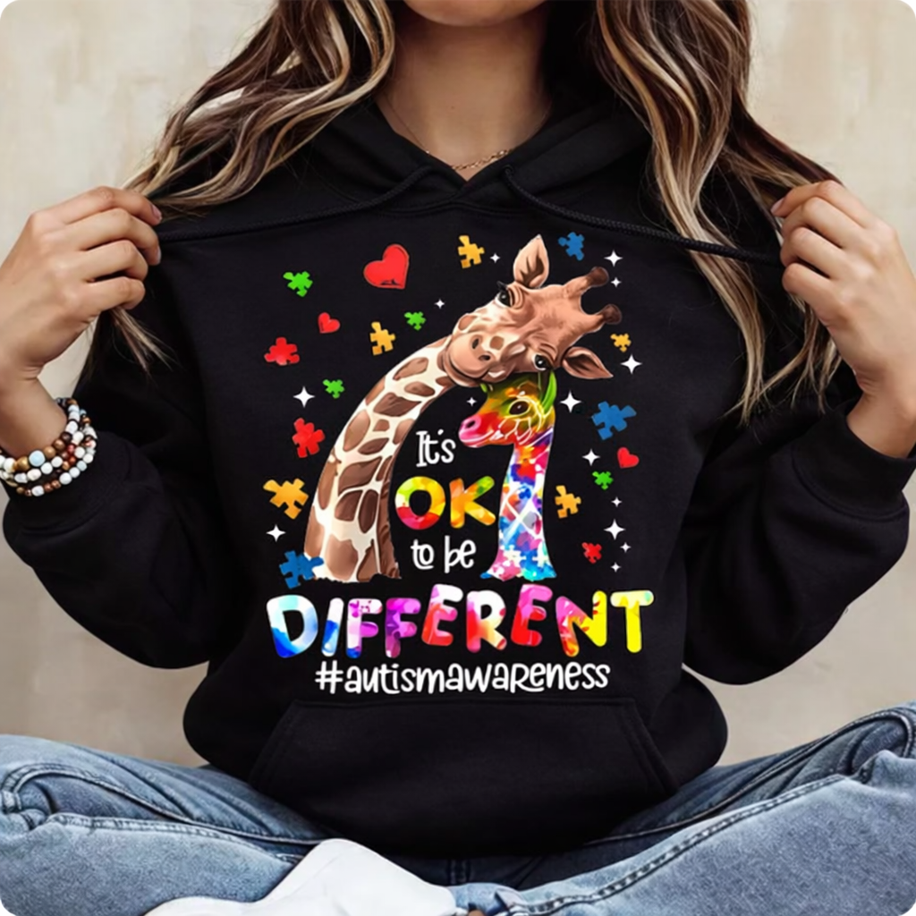 “Ok To Be Different” Autism Awareness Shirt/Sweatshirt/Hoodie – Giraffe Puzzle Heart Graphic Tee for Women