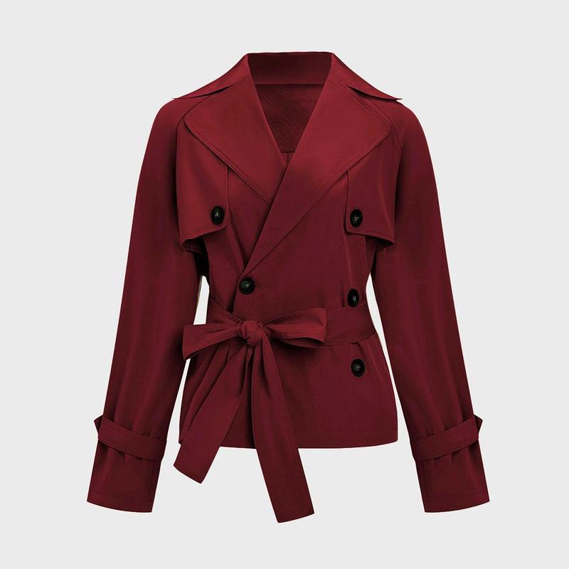 Women's Chic Belted Short Trench Jacket – Double-Breasted Fall Coat