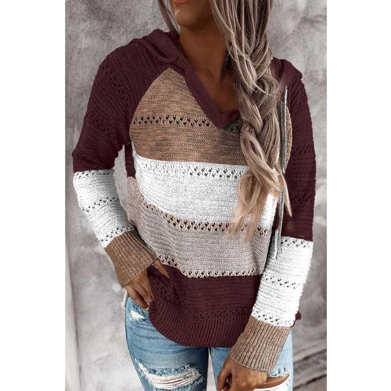 Women’s Color Block Knit Hoodie – Casual Openwork Pullover Sweater