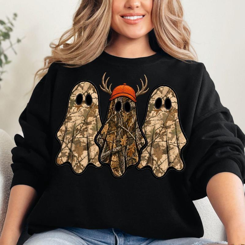 Camo Ghost Hunting Halloween Printed Sweatshirt/Hoodie/T-shirt – Vintage Hunting Season Graphic Crewneck
