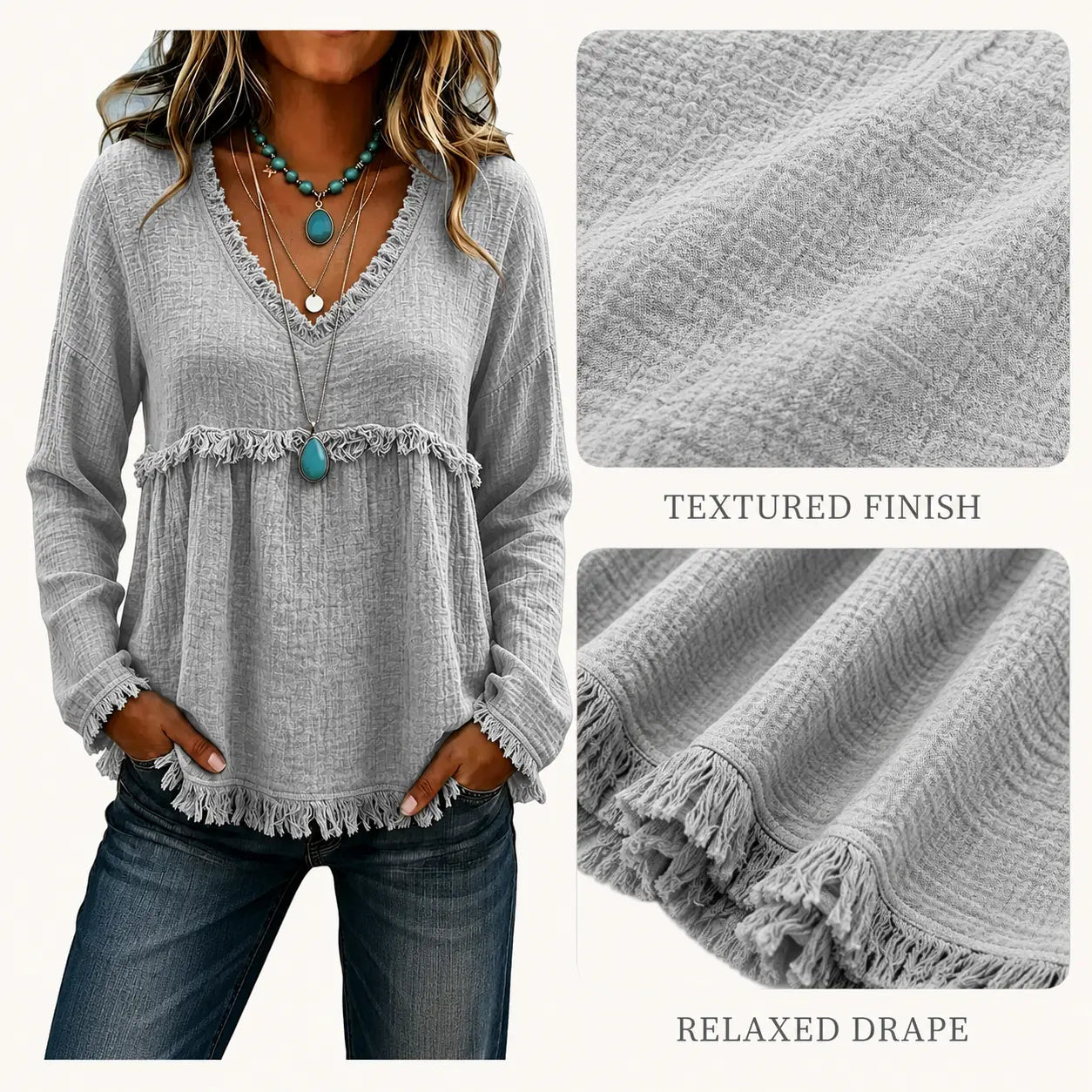 Women's Boho V-Neck Fringe Top – Flowy Long Sleeve Western Babydoll Blouse