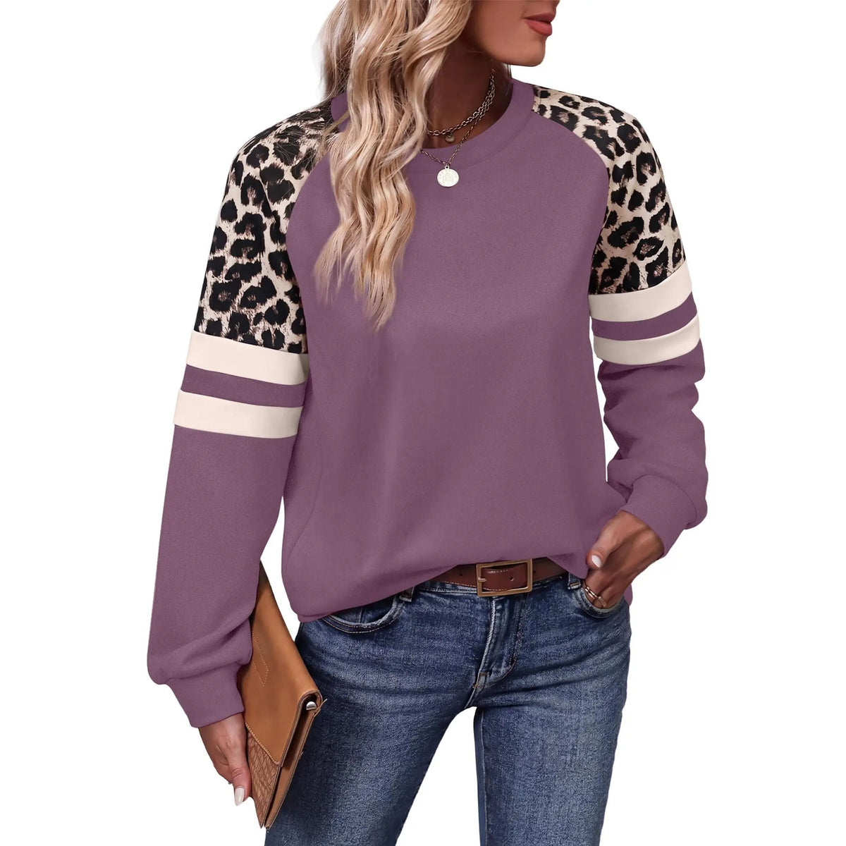 Women’s Leopard Color Block Sweatshirt – Long Sleeve Crewneck Casual Pullover Top