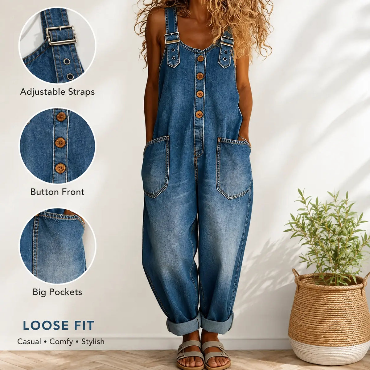 Women’s Loose Fit Denim Overalls – Adjustable Strap Button Front Jumpsuit with Large Pockets