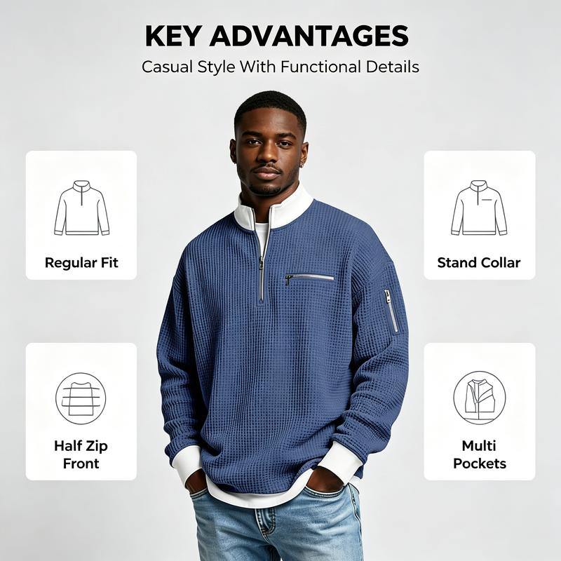 Men's Waffle Knit Quarter-Zip Pullover – Contrast Collar Casual Sweatshirt