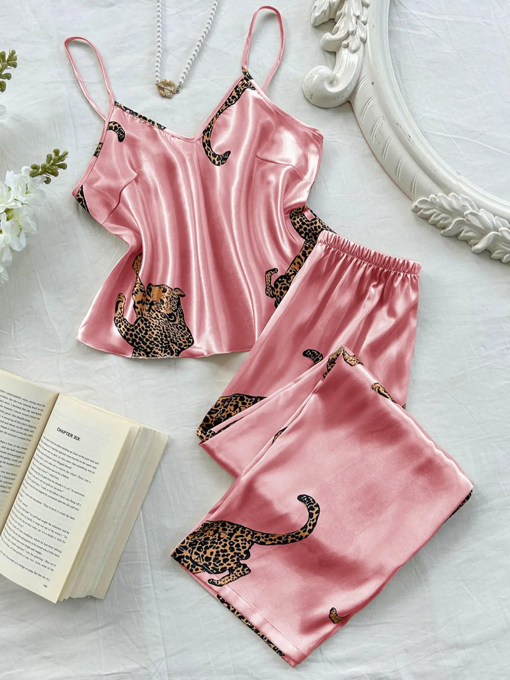 Women's Satin Leopard Pajama Set – Elegant Cami Lounge Set for Cozy Nights