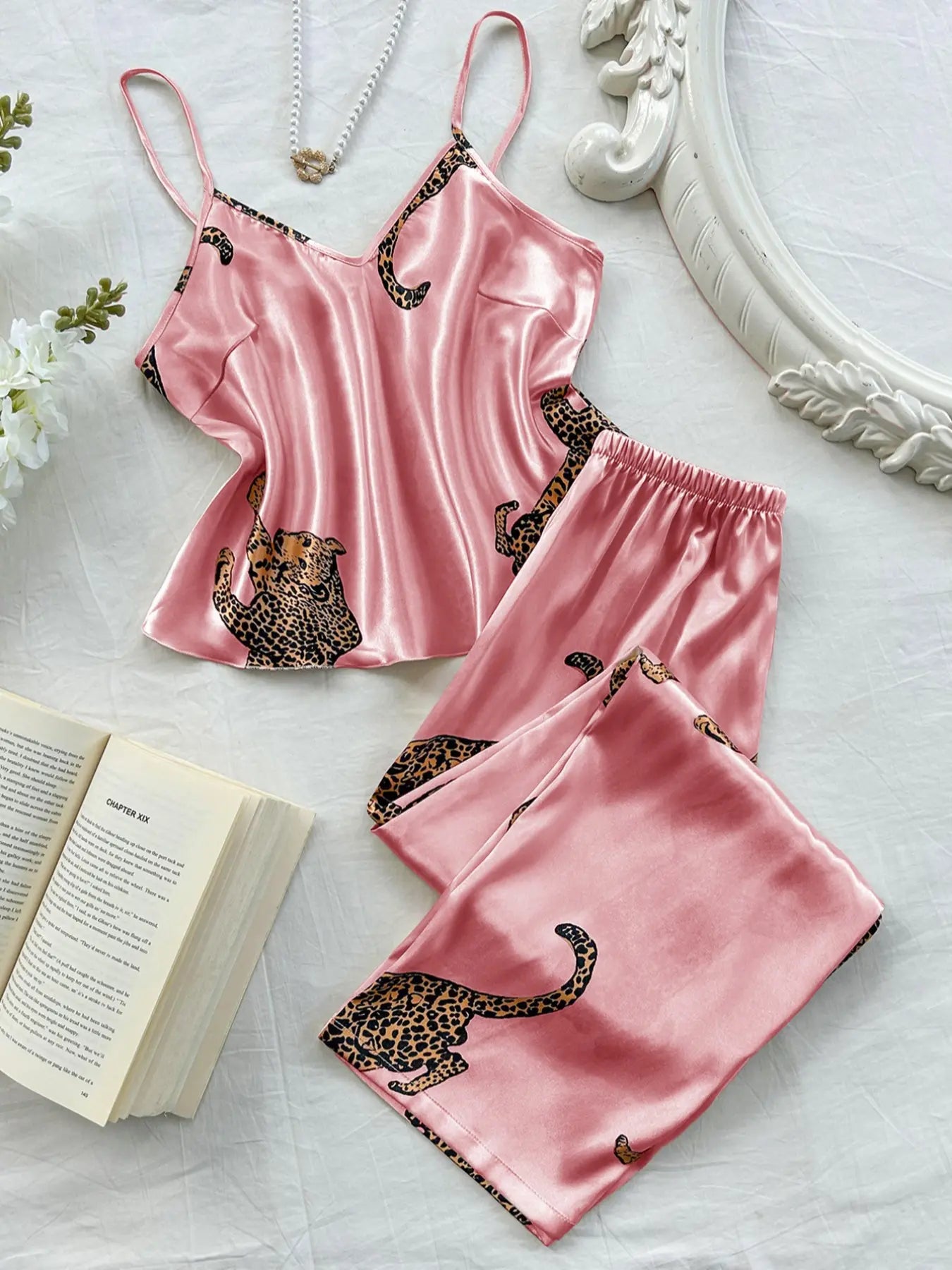Women's Satin Leopard Pajama Set – Elegant Cami Lounge Set for Cozy Nights