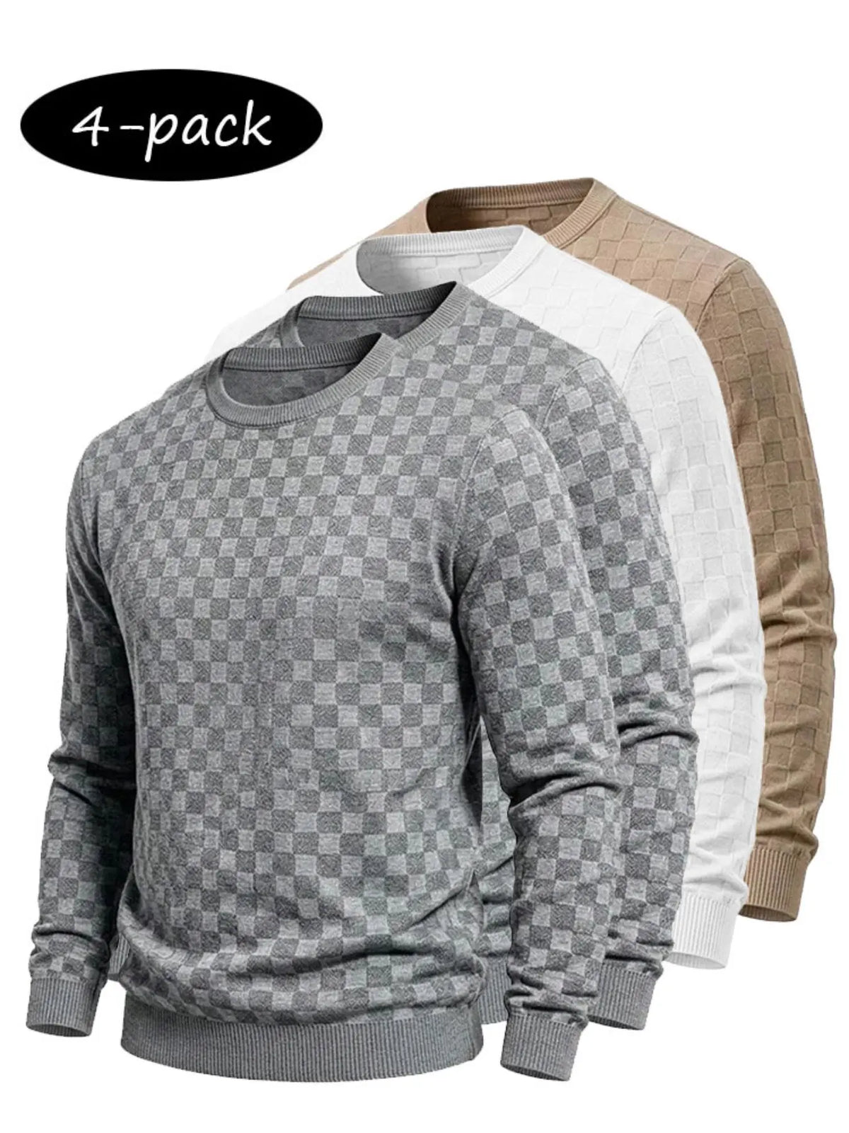 4-Pack Men’s Checkered Knit Sweaters – Lightweight Crewneck Long Sleeve Pullovers