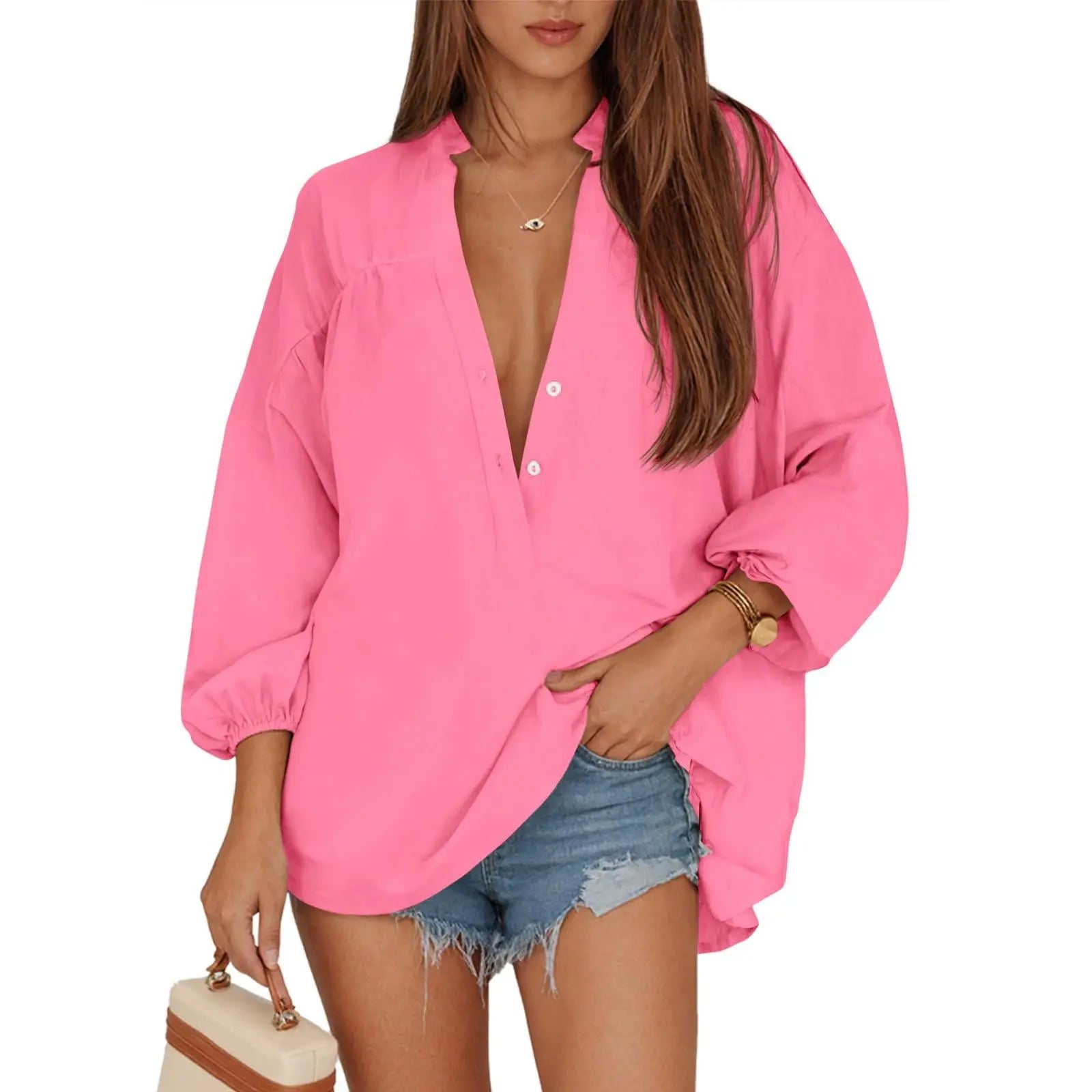 Women’s V Neck Button Down Blouse – 3/4 Sleeve Loose Fit High Low Hem Casual Tunic Top