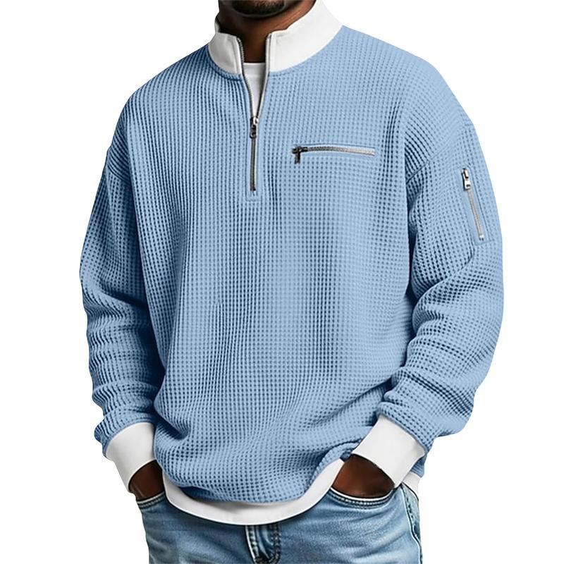 Men's Waffle Knit Quarter-Zip Pullover – Contrast Collar Casual Sweatshirt
