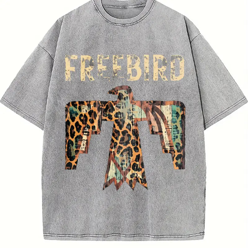 Freebird Thunderbird Graphic Tee – Vintage Washed Leopard Print Western T-Shirt/Sweatshirt/Hoodie