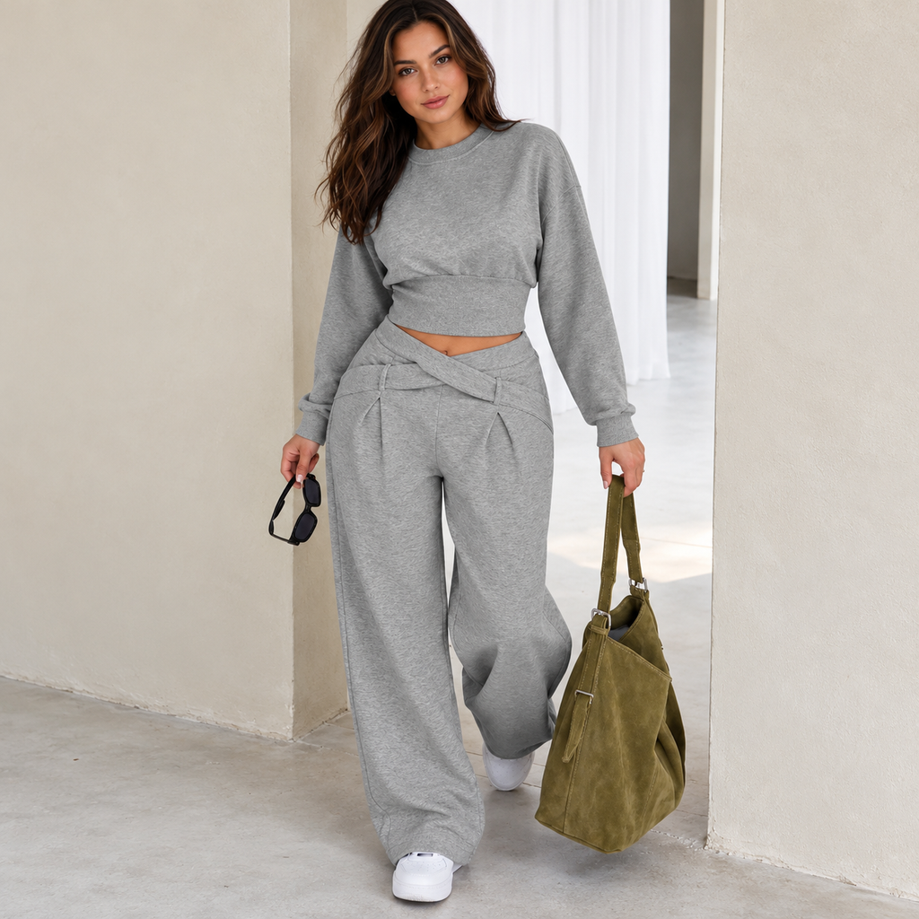 Women's Cross Waist Wide Leg 2-Piece Lounge Set – Cropped Sweatshirt & Pants