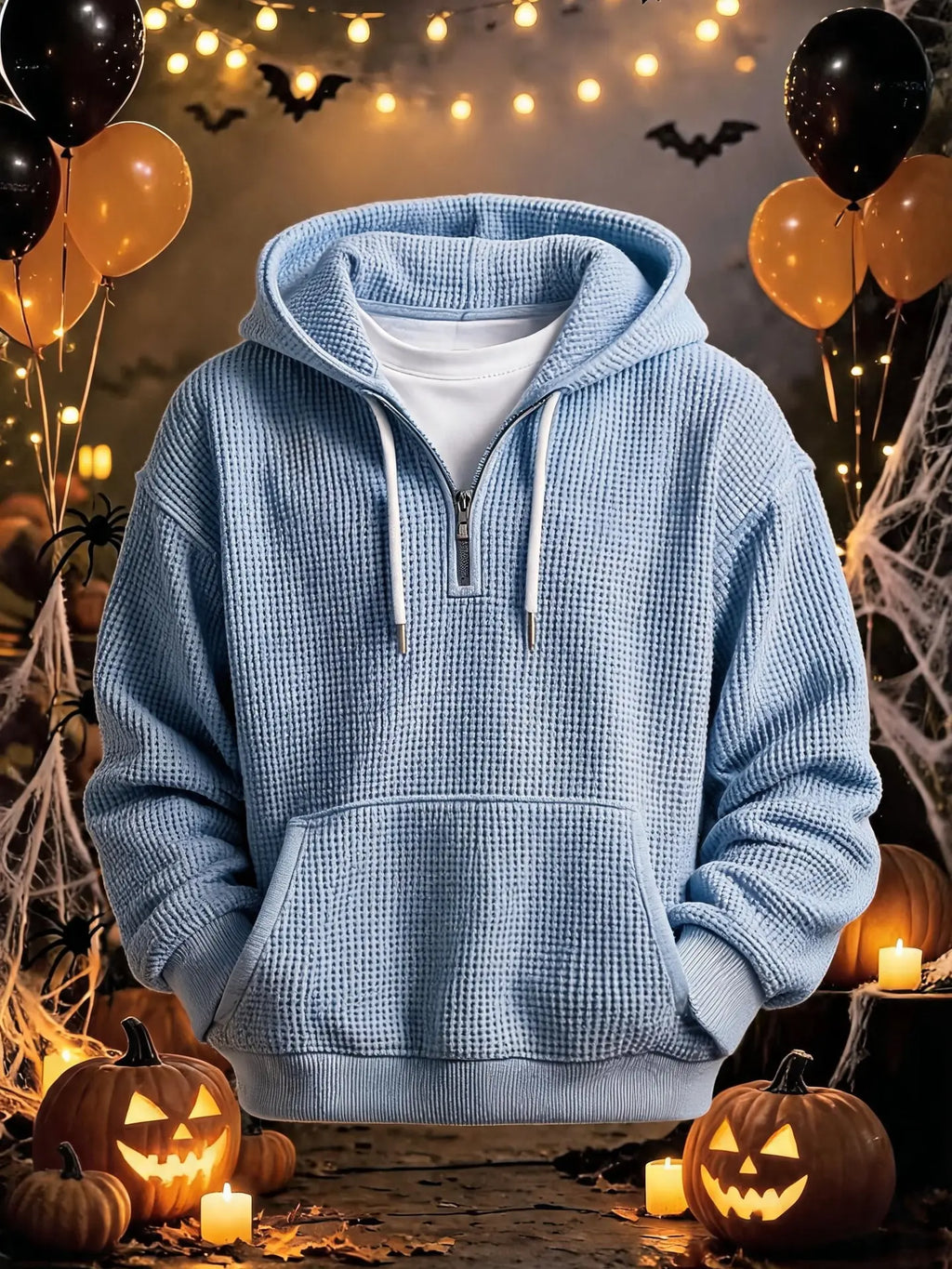 Men’s Waffle Knit Half Zip Hoodie – Textured Pullover Sweatshirt with Kangaroo Pocket