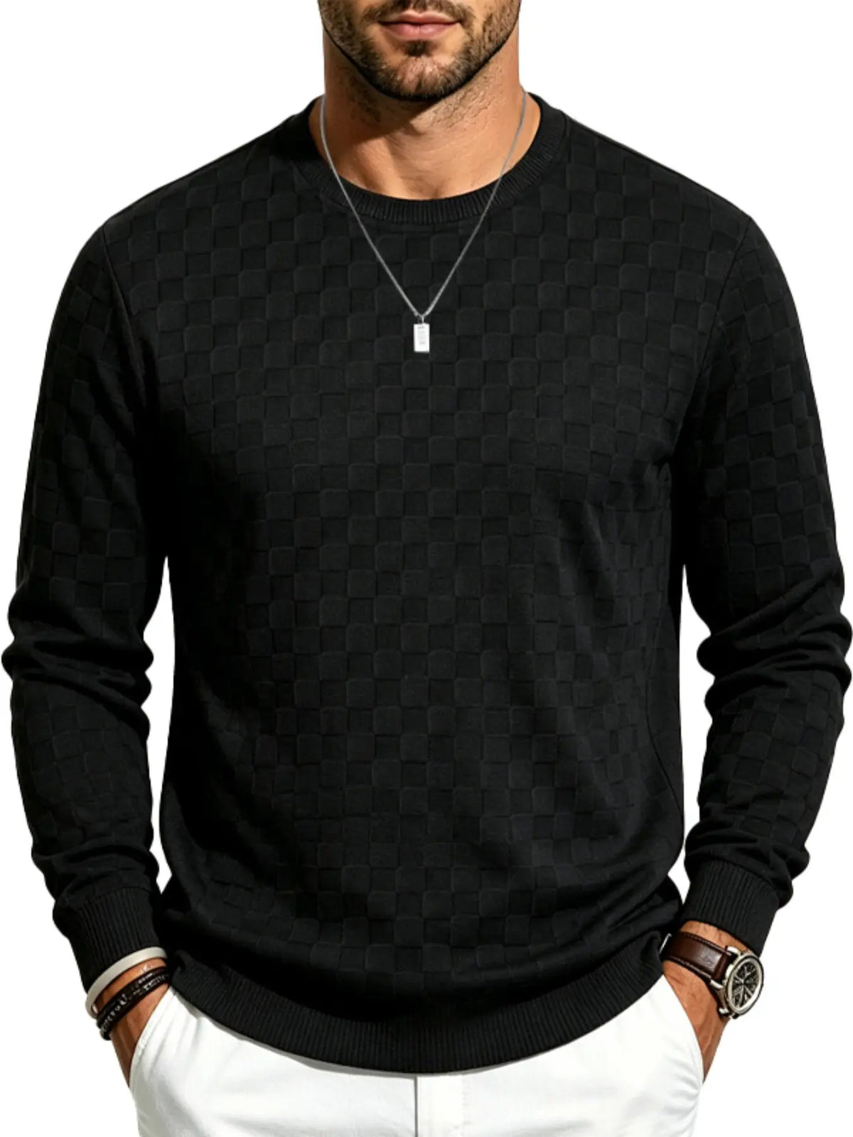 4-Pack Men’s Checkered Knit Sweaters – Lightweight Crewneck Long Sleeve Pullovers