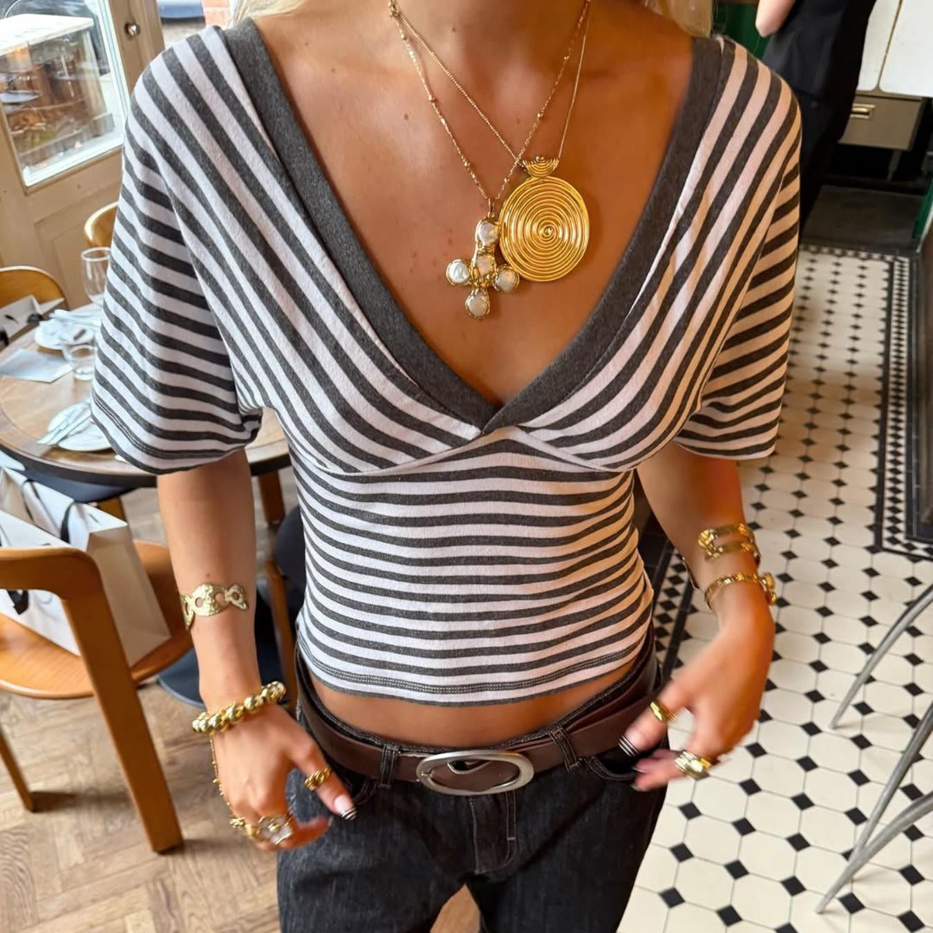 Y2K Striped V-Neck Top