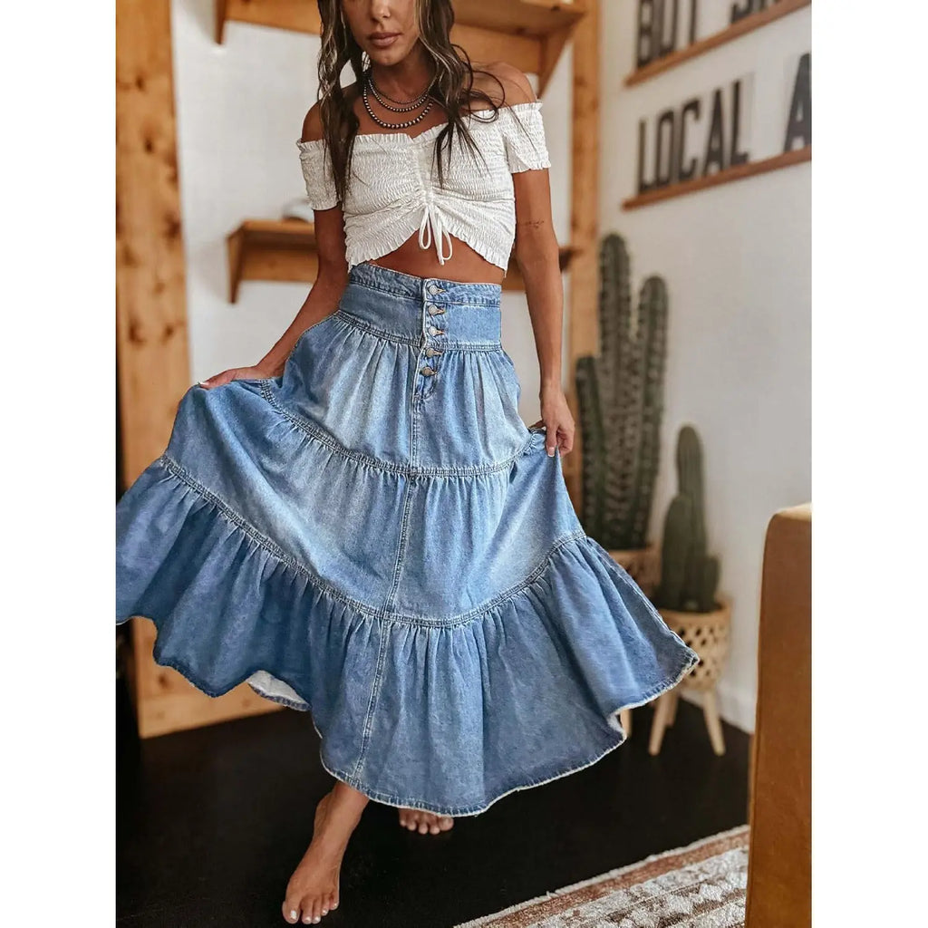 Women’s High Waisted Tiered Denim Maxi Skirt – A-Line Ruffle Button Front Boho Jean Skirt