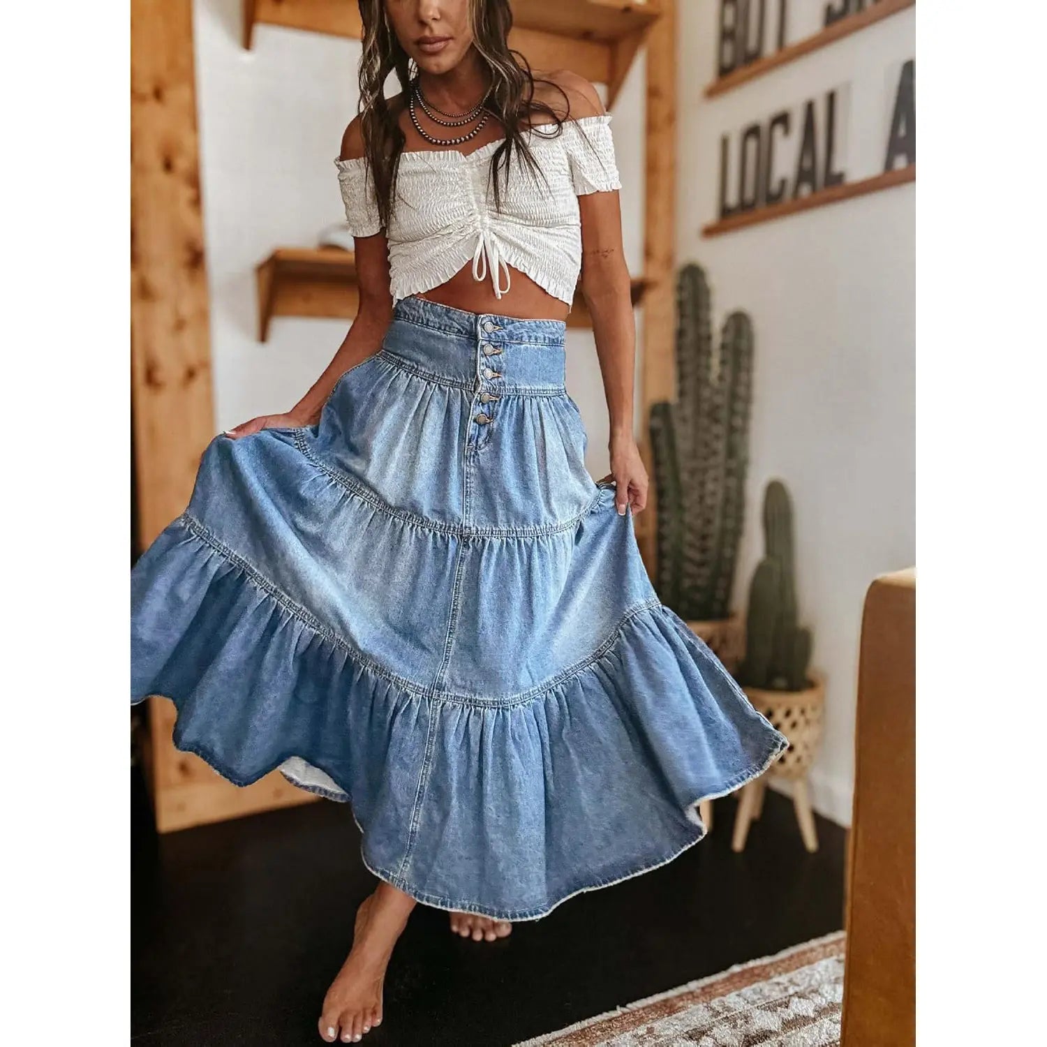 Women’s High Waisted Tiered Denim Maxi Skirt – A-Line Ruffle Button Front Boho Jean Skirt