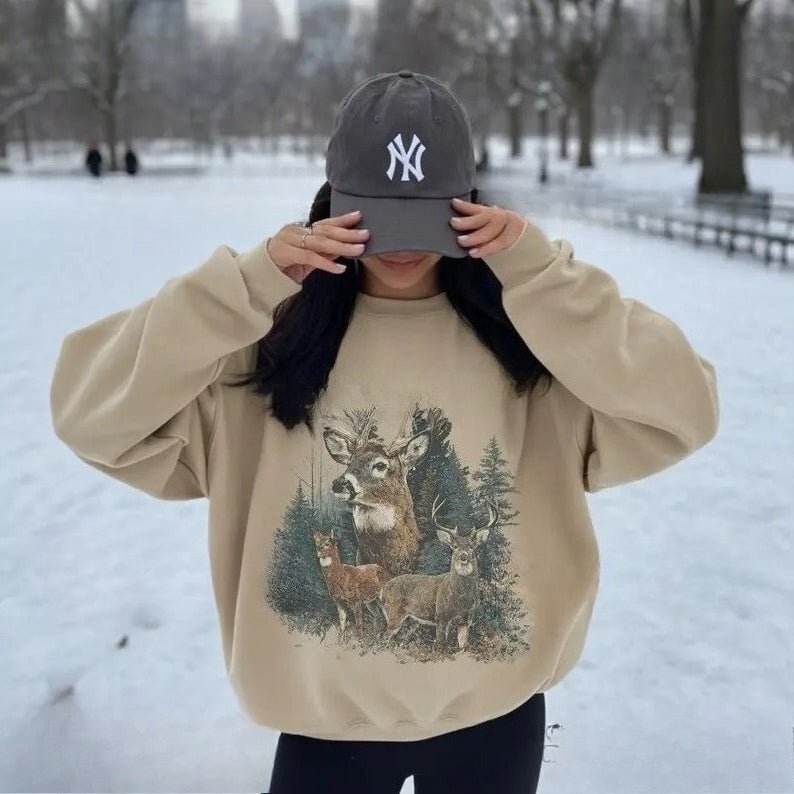 Vintage Deer Forest Sweatshirt/Hoodie/T-Shirt – Retro Wildlife Outdoor Graphic Crewneck