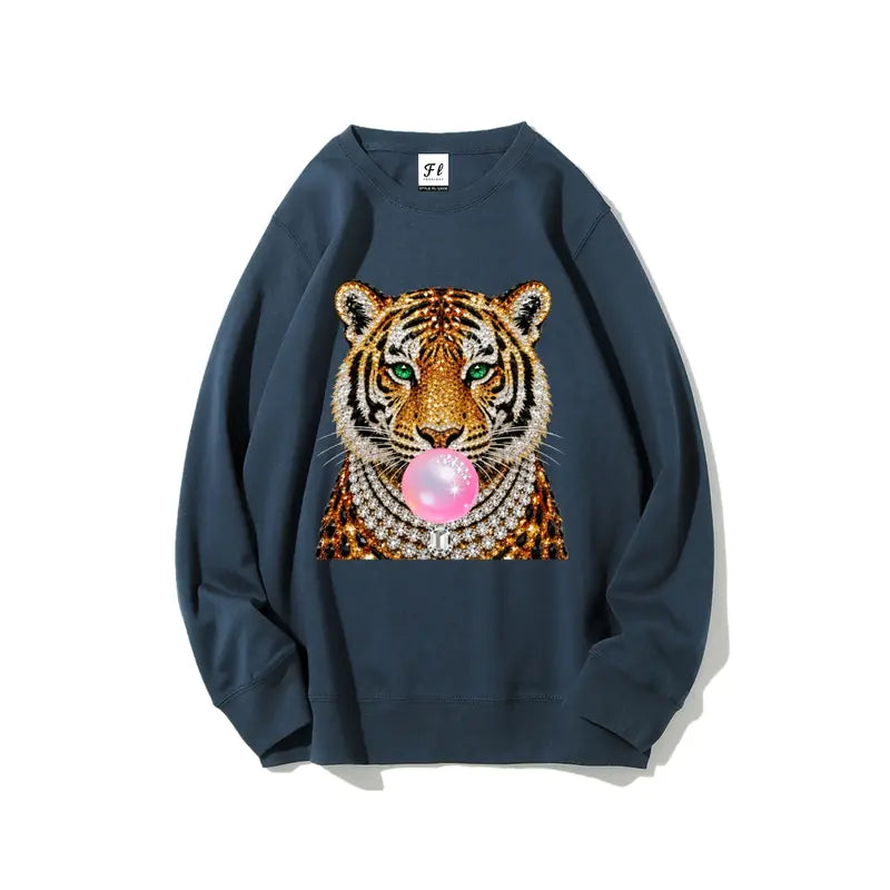 Glam Tiger Bubble Gum T-Shirt/Sweatshirt/Hoodie – Rhinestone Style Animal Graphic Tee, Y2K Streetwear Top