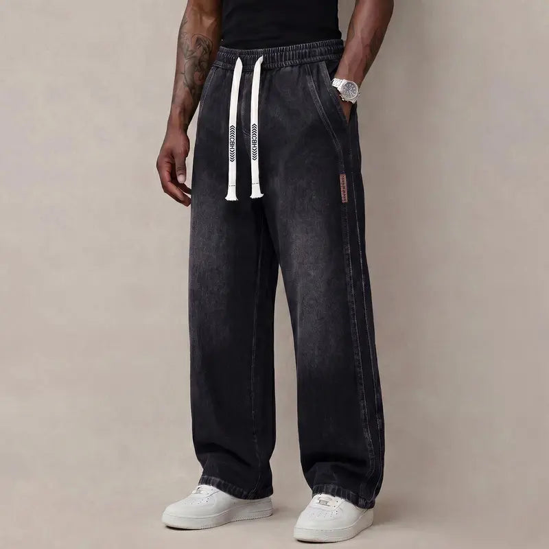 Men's Baggy Drawstring Jeans – Vintage Washed Wide Leg Denim Pants
