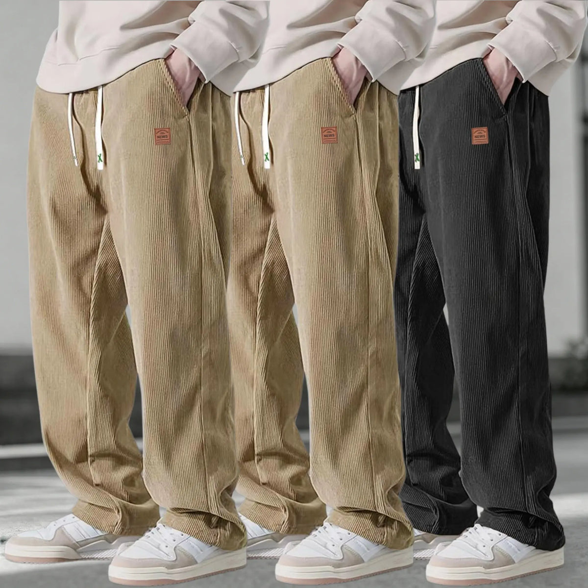 Men’s 3-Pack Corduroy Pants – Loose Fit Drawstring Casual Straight Leg Trousers