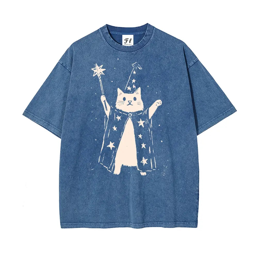 Wizard Cat Vintage Washed T-Shirt/Sweatshirt/Hoodie – Cute Fantasy Graphic Unisex Tee