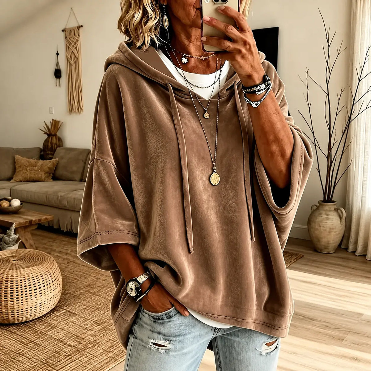 Women’s Relaxed Oversized Hoodie – 3/4 Sleeve Soft Pullover Top with Drawstring Hood